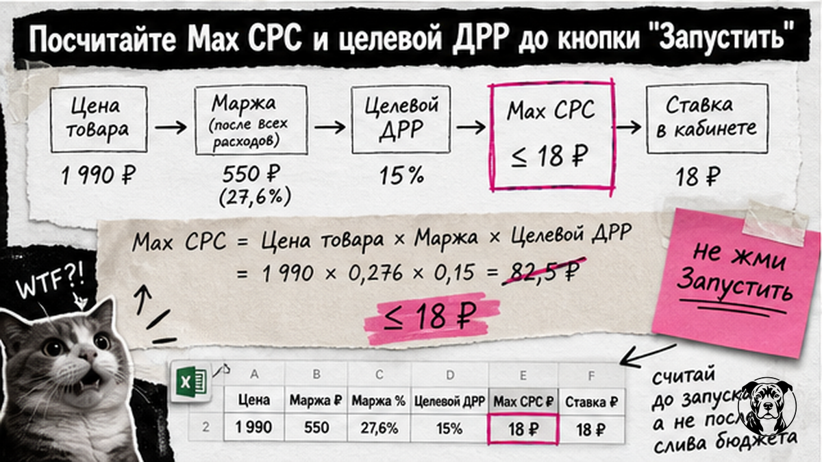 Workflow расчёта Max CPC и целевого ДРР перед запуском CPC-кампании на Wildberries
