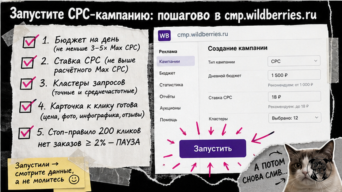 Чеклист пошагового запуска CPC-кампании в кабинете cmp.wildberries.ru