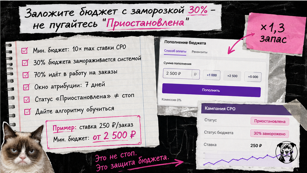 Чеклист: бюджет CPO с заморозкой 30% и статусом Приостановлена