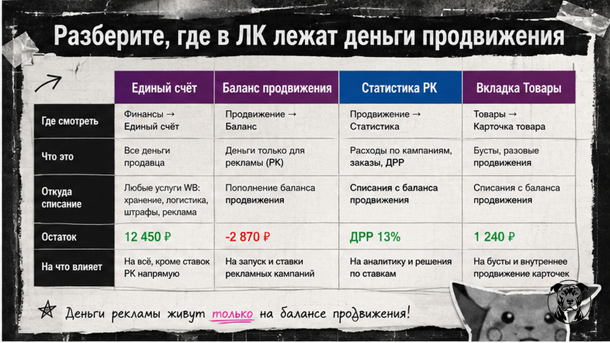 Сравнительная таблица: где в ЛК лежат деньги продвижения WB