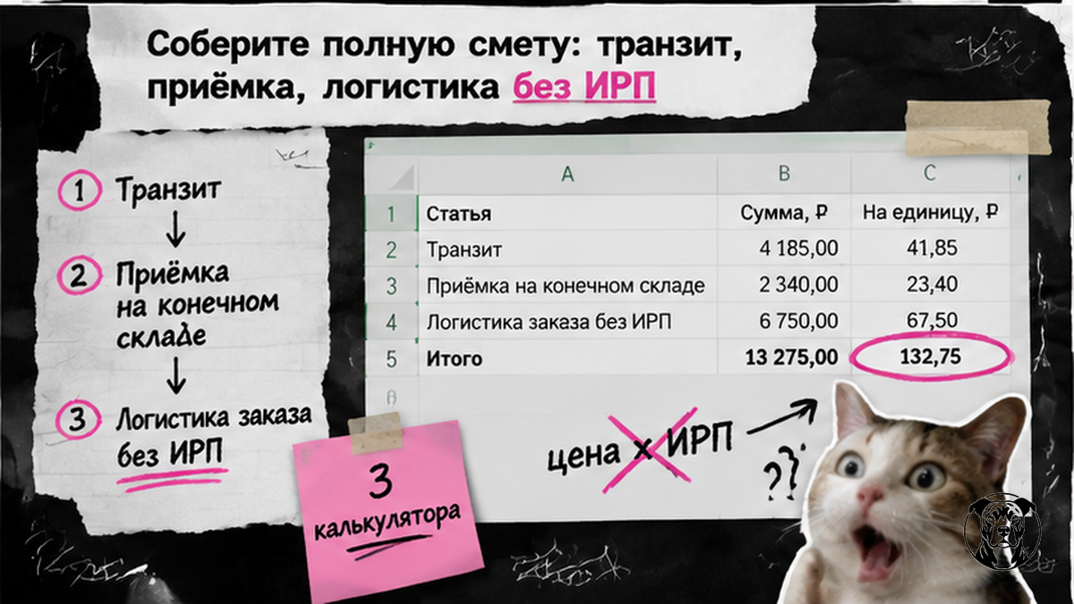 Схема полной сметы транзита: три строки — транзит, приёмка, логистика без ИРП