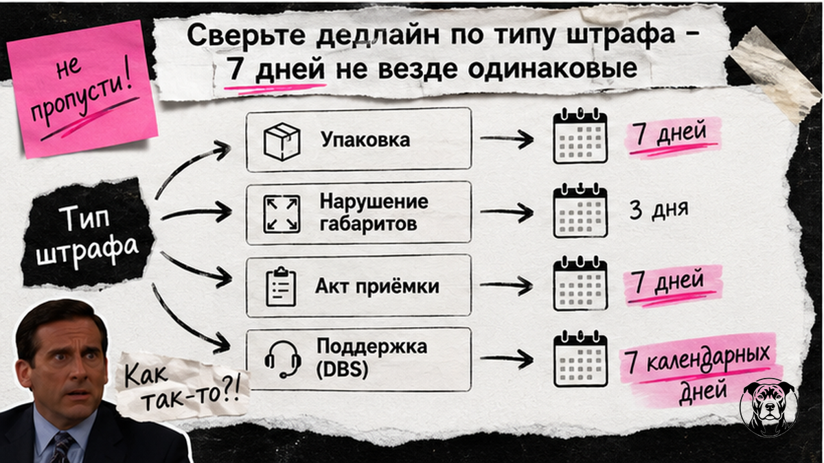 Схема дедлайнов оспаривания штрафов WB по типу нарушения