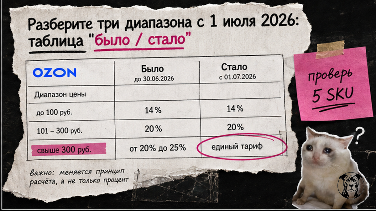 Таблица три диапазона комиссии Ozon было/стало с 1 июля 2026