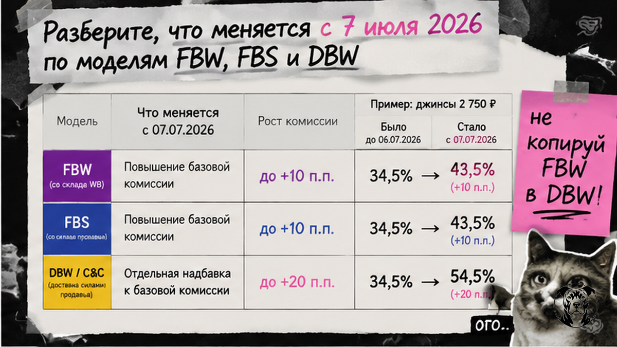 Таблица сравнения роста комиссии X по моделям FBW, FBS и DBW с 7 июля 2026