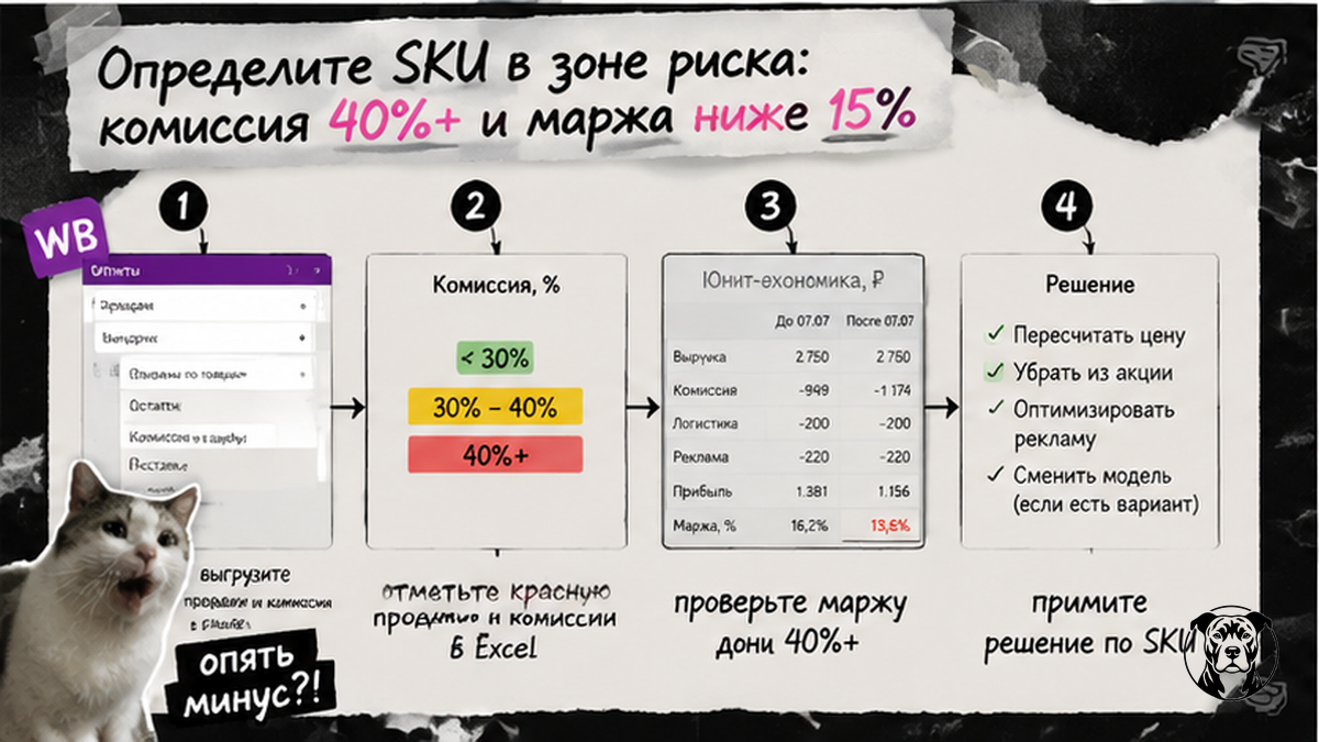 Схема определения SKU в зоне риска при комиссии 40%+ и марже ниже 15%
