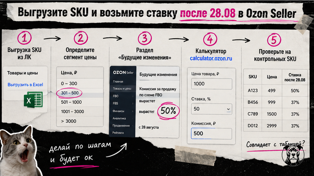 Схема: выгрузка SKU и поиск ставки комиссии в Ozon Seller после 28.08