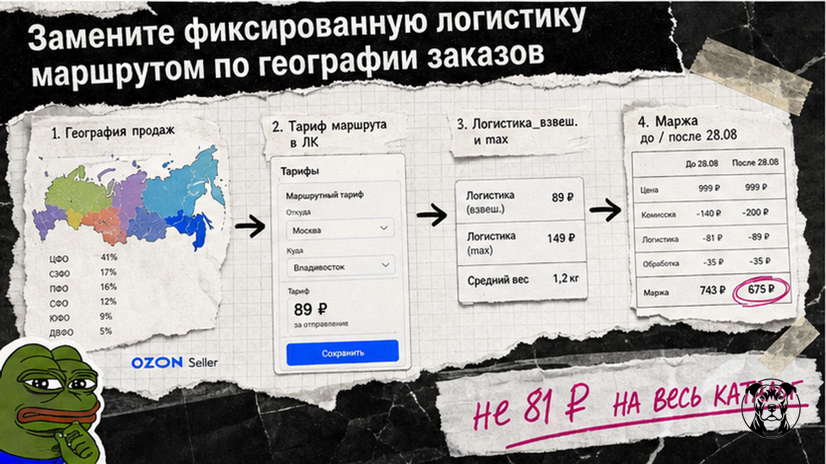 Схема расчёта маршрутной логистики Ozon FBS по кластерам и долям заказов