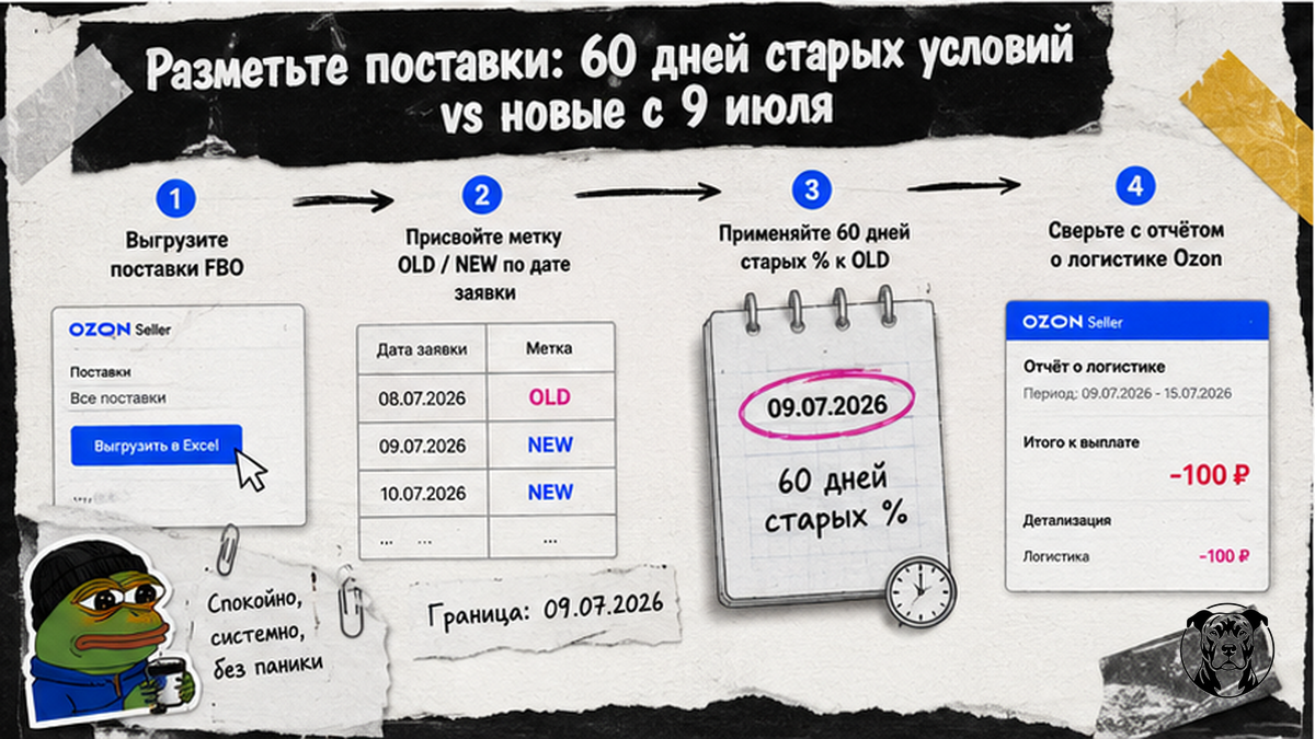 Схема разметки поставок FBO: 60 дней старых условий vs новые с 9 июля