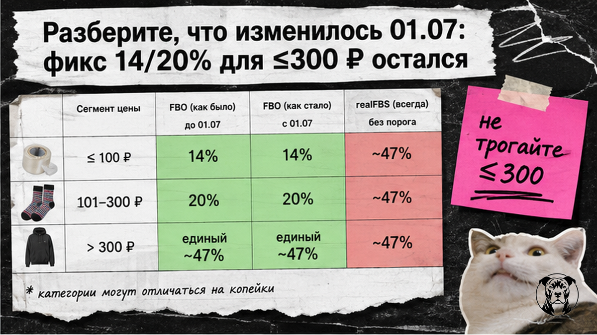 Сравнительная таблица тарифов Ozon: фикс 14/20% vs единый тариф свыше 300 ₽