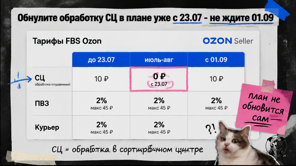 Таблица сравнения тарифов Ozon FBS: СЦ, ПВЗ и курьер до и после сентября 2026