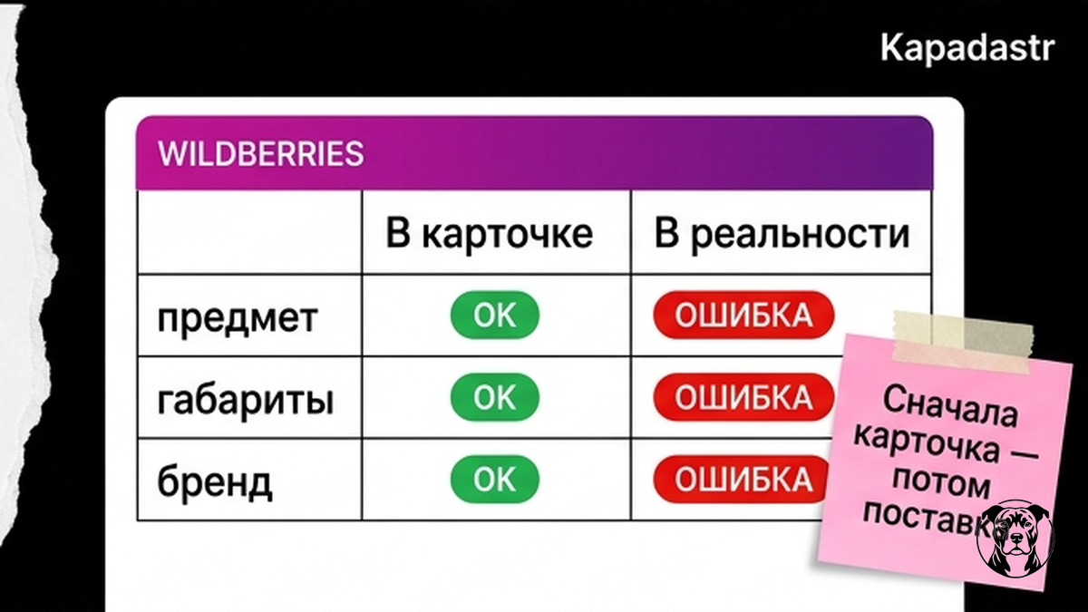 Сравнительная таблица аудита карточки Wildberries перед поставкой FBW: что в карточке vs что в реальности