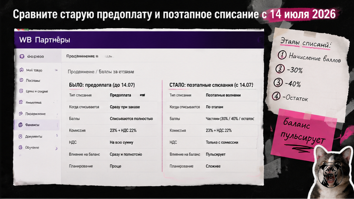 Сравнение старой предоплаты и поэтапного списания баллов за отзывы WB с 14 июля 2026