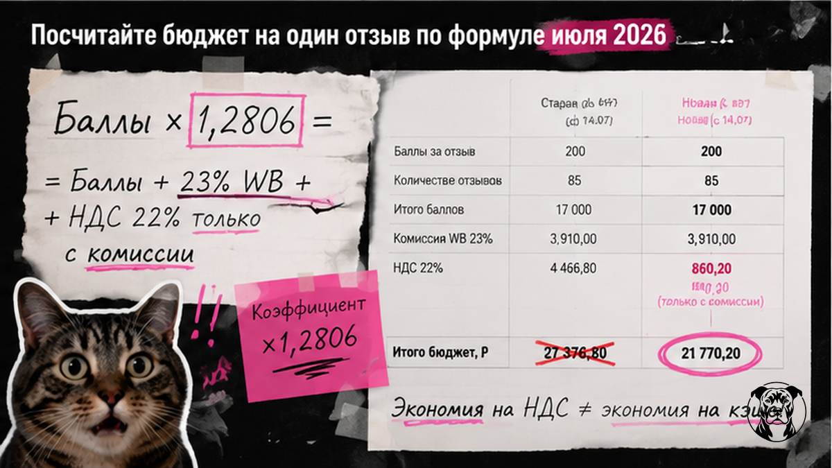 Схема расчёта бюджета одного отзыва по формуле июля 2026: баллы × 1,2806