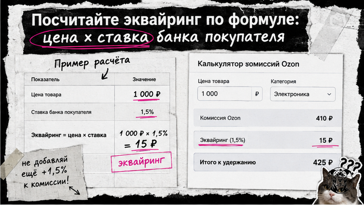 Таблица формулы эквайринга Ozon: цена 1000 рублей умножить на ставку 1,5% равно 15 рублей