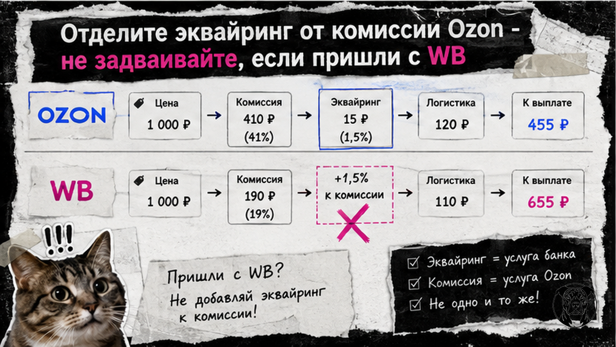 Схема отделения эквайринга от комиссии Ozon: цепочка удержаний без задвоения процентов