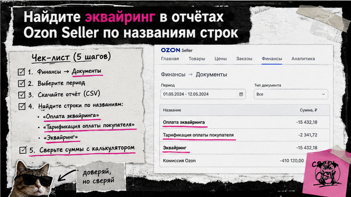 Чеклист поиска эквайринга в отчётах Ozon Seller: названия строк и пять шагов сверки
