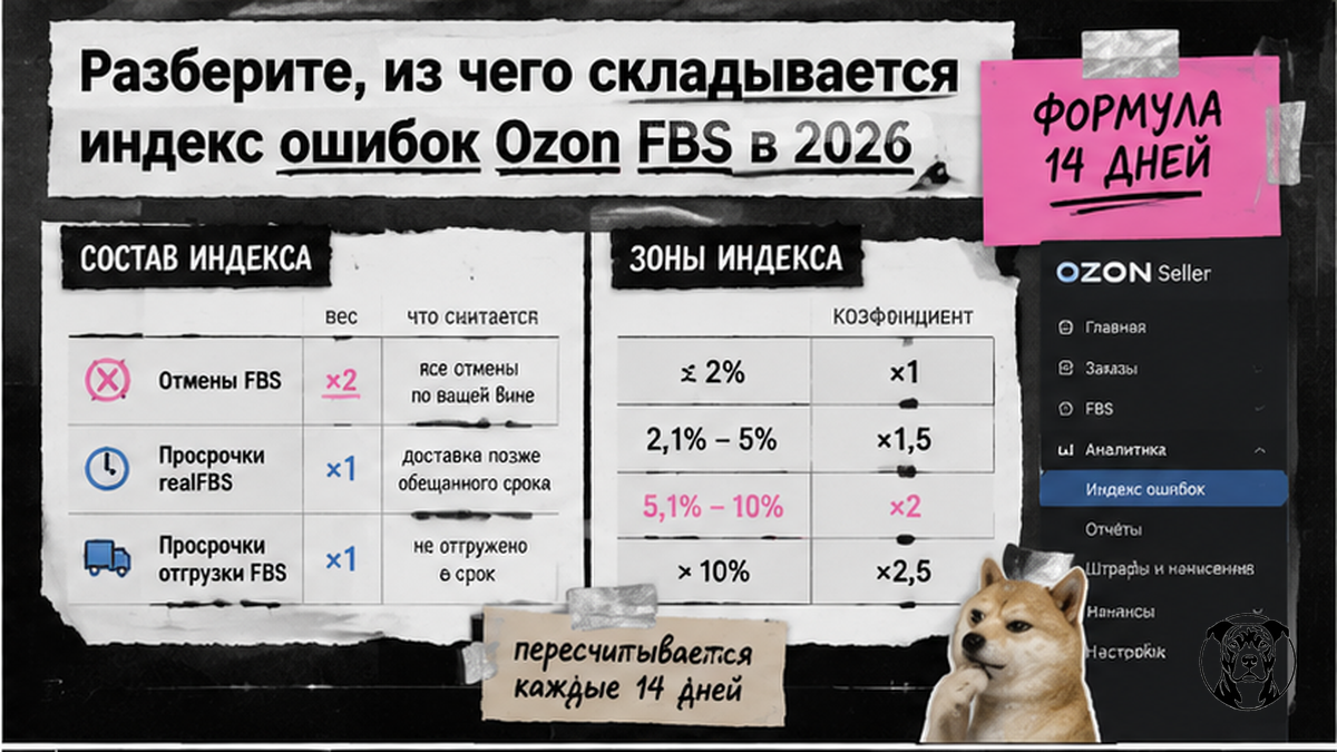 Таблица состава индекса ошибок Ozon FBS: отмены, просрочки и зоны штрафов