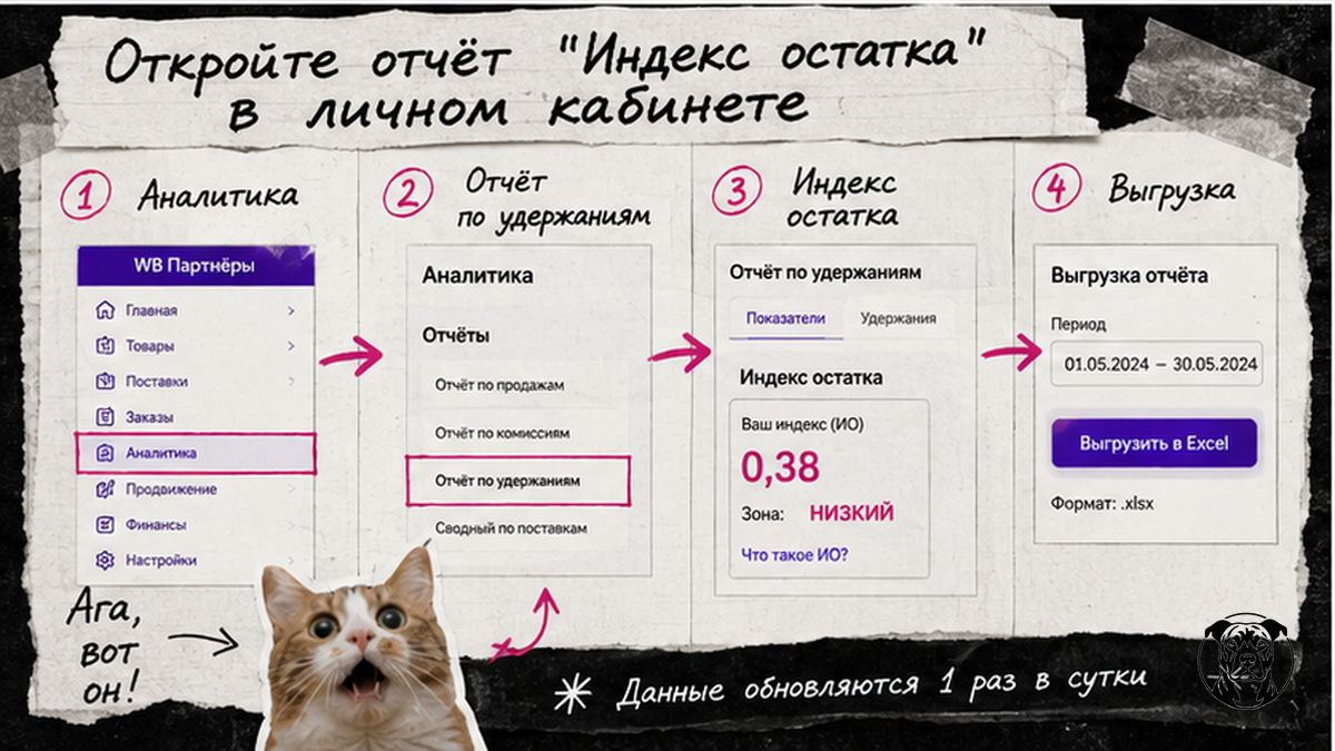 Схема пути к отчёту «Индекс остатка» в личном кабинете Wildberries
