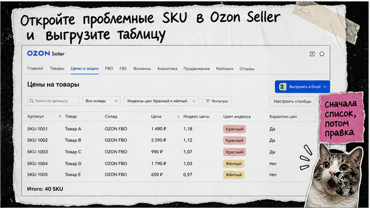 Таблица проблемных SKU в Ozon Seller: красный и жёлтый индекс цен