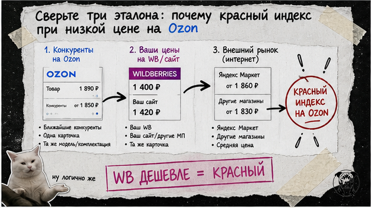 Схема трёх эталонов индекса цен Ozon и причина красного статуса