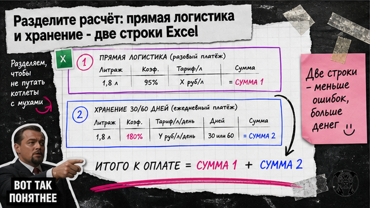 Схема раздельного расчёта логистики и хранения в Excel