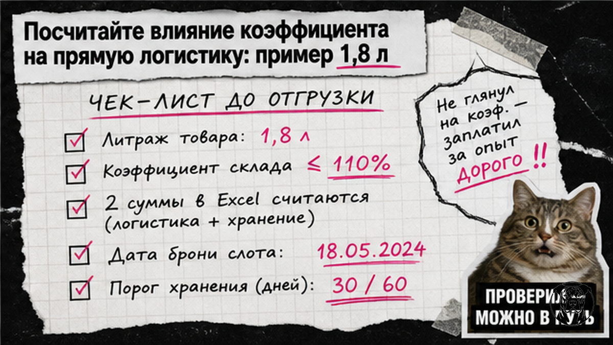 Чеклист расчёта коэффициента логистики на примере SKU 1,8 л