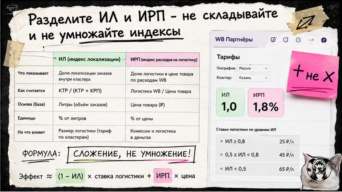 Таблица сравнения ИЛ и ИРП Wildberries: разные коэффициенты, сложение в рублях