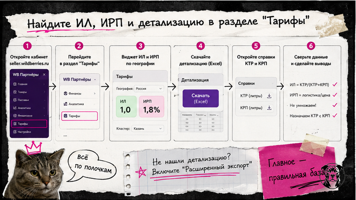 Схема: где найти ИЛ, ИРП и детализацию в разделе Тарифы Wildberries