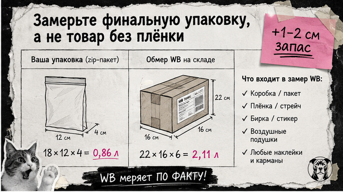 Сравнение замера: товар без плёнки vs финальная упаковка для литража WB