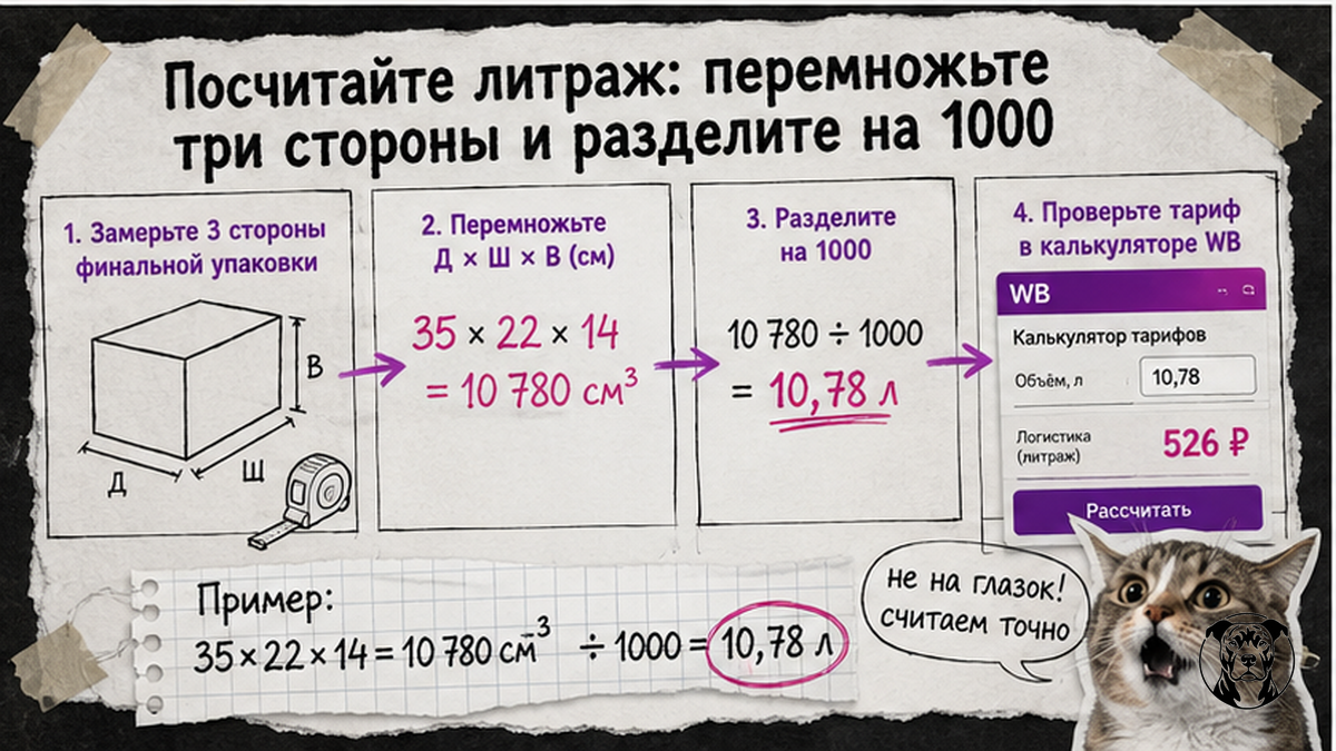Схема расчёта литража: длина × ширина × высота ÷ 1000