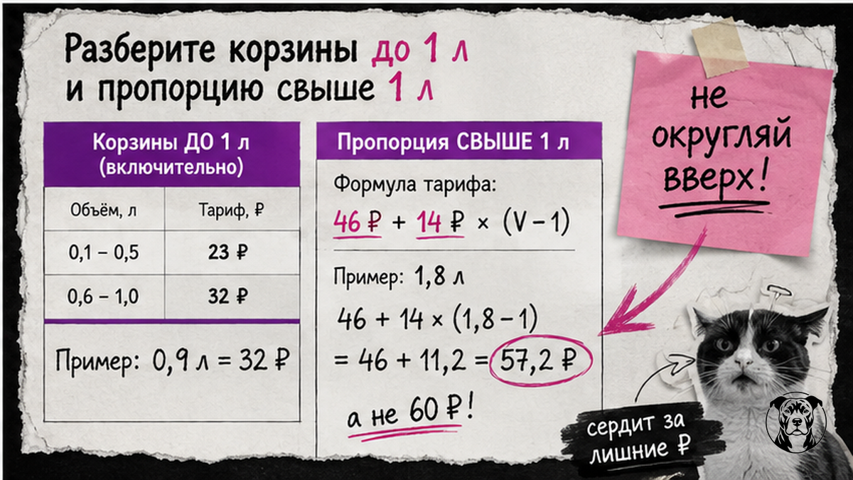 Чеклист корзин до 1 л и пропорциональный тариф свыше 1 л на Wildberries