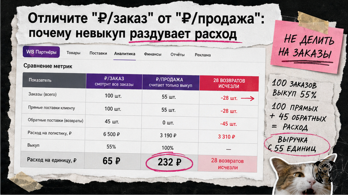 Сравнение ₽/заказ и ₽/продажа: как невыкуп раздувает логистику