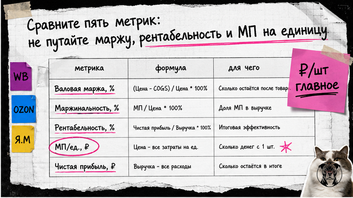 Таблица сравнения пяти метрик: маржа, рентабельность и маржинальная прибыль на единицу