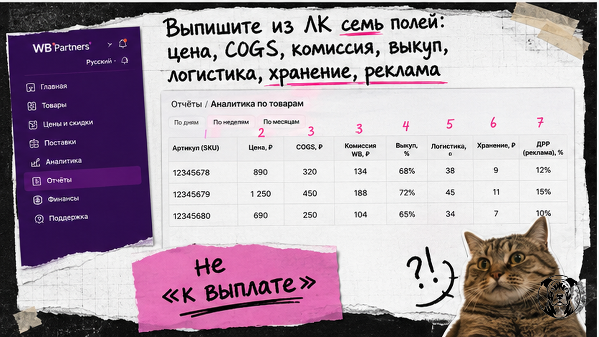 Скриншот полей из личного кабинета WB и Ozon для расчёта маржинальной прибыли