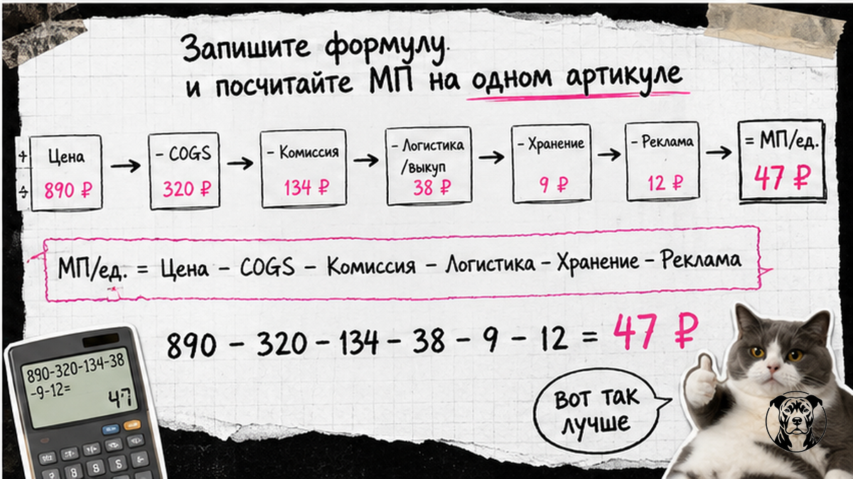 Схема формулы маржинальной прибыли на единицу: шаги расчёта МП/ед.