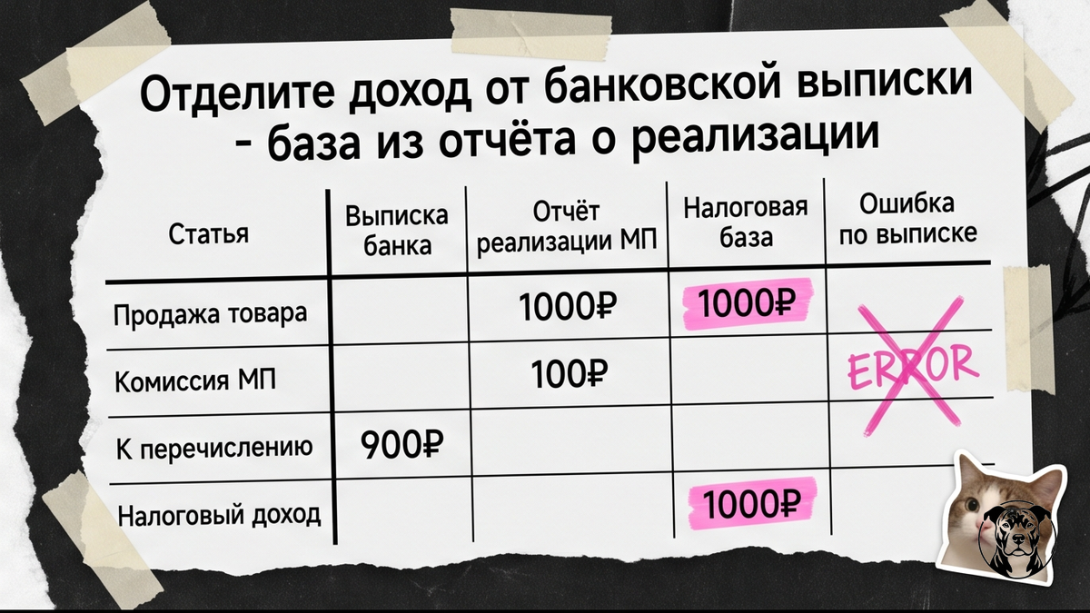 Таблица сравнения банковской выписки и налогового дохода из отчёта о реализации