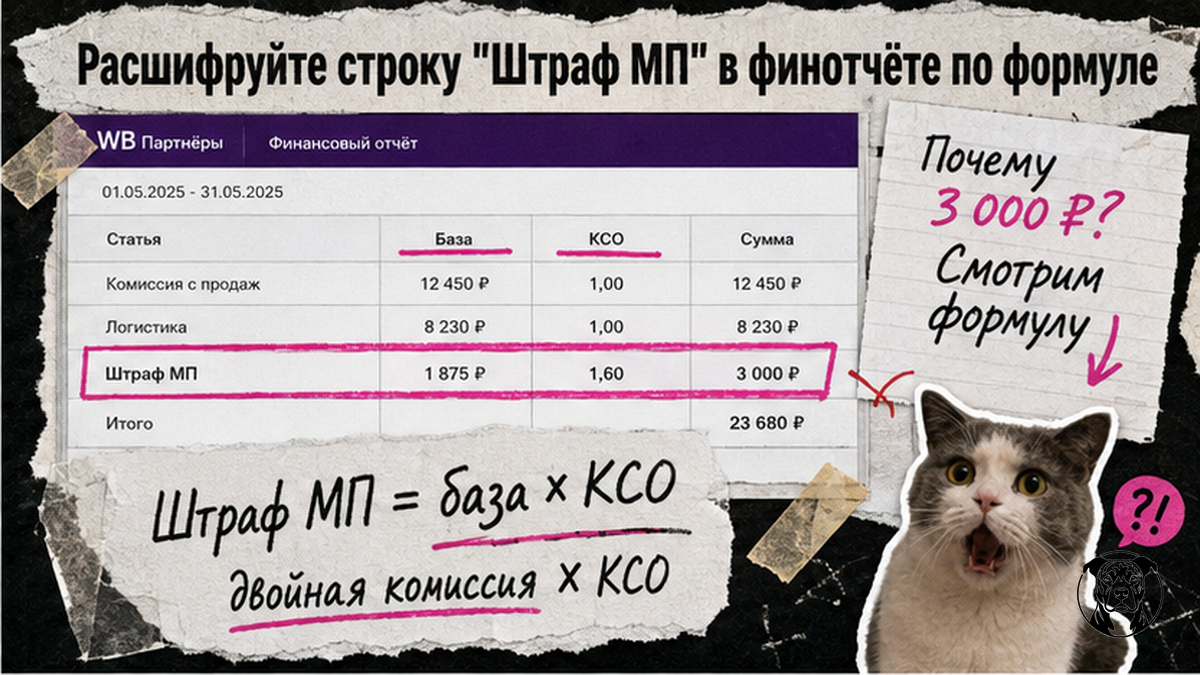 UI-мокап финотчёта WB: расшифровка строки «Штраф МП» по формуле база × КСО