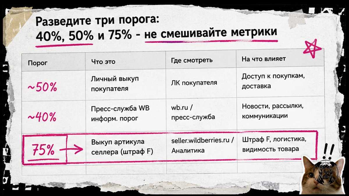Таблица трёх порогов WB: 40%, 50% и 75% — кто платит и где проверить