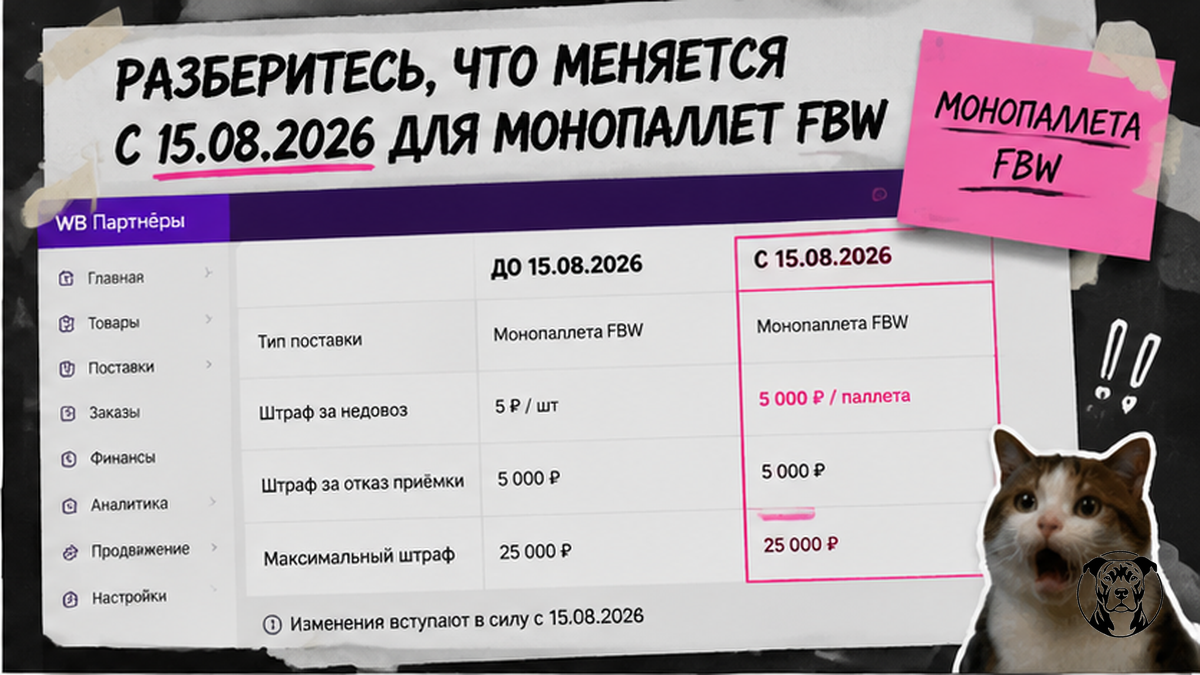 Таблица сравнения тарифов недовоза монопаллеты WB до и после 15.08.2026