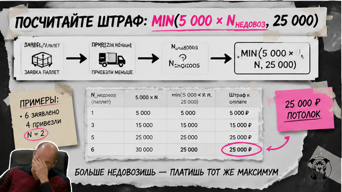 Схема расчёта штрафа min(5 000 × N_недовоз, 25 000) для монопаллеты WB