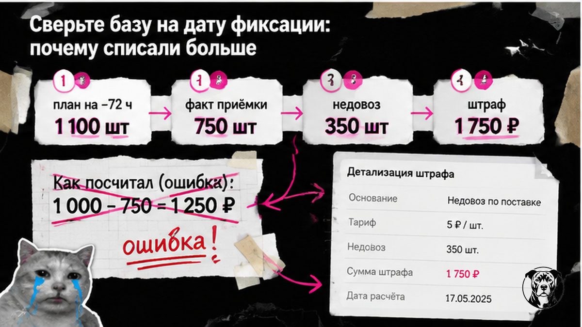 Схема расчёта штрафа: план на дату фиксации минус факт, умножить на 5 ₽ — пример 1 750 ₽