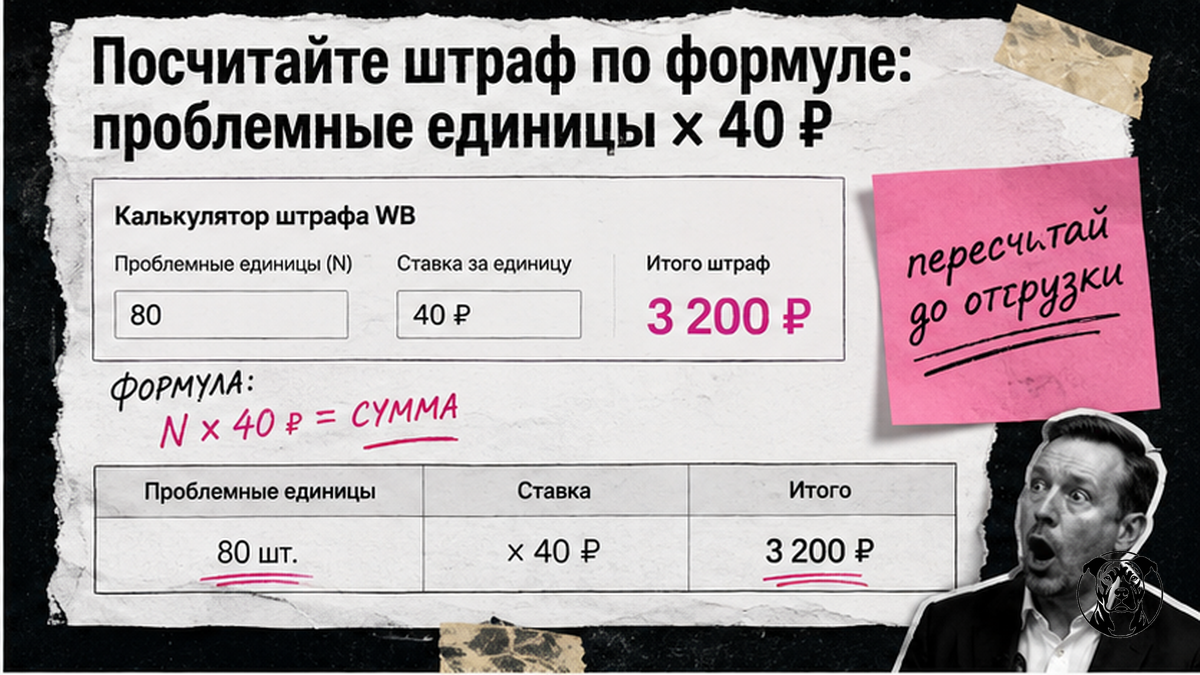 Таблица-калькулятор: формула штрафа за упаковку N × 40 ₽ на Wildberries