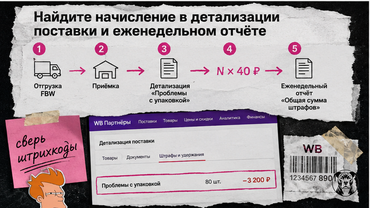 Схема: где найти штраф за упаковку в детализации поставки и еженедельном отчёте WB