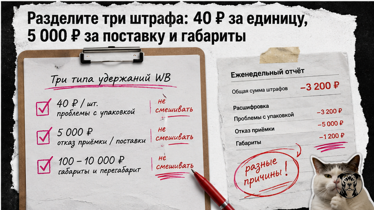Чеклист: три разных штрафа WB — 40 ₽ за упаковку, 5 000 ₽ за поставку и габариты