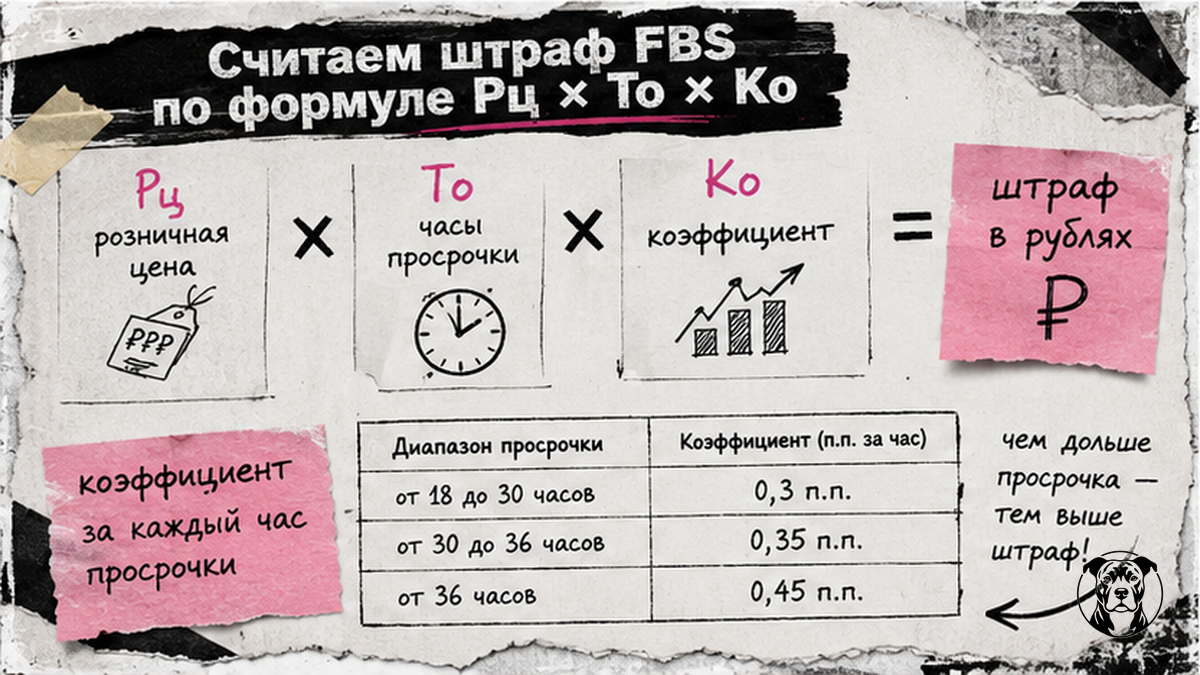 Схема расчёта штрафа FBS по формуле Рц × То × Ко с таблицей коэффициентов 0,3-0,45 п.п. за час по диапазонам просрочки