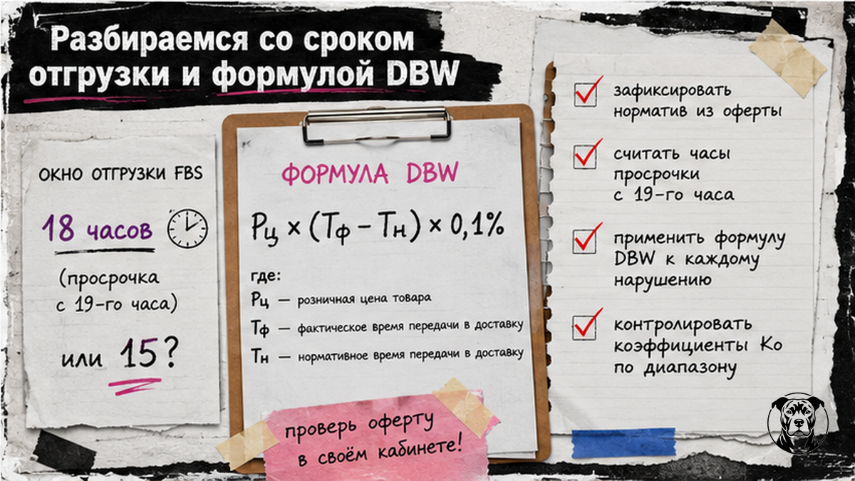 Чеклист со сроком отгрузки FBS 18 часов и формулой DBW Рц × (Тф − Тн) × 0,1% для расчёта штрафа за задержку доставки