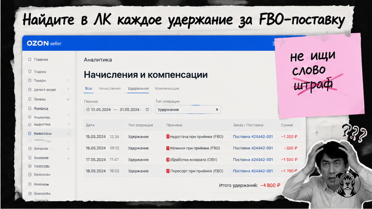 Скрин кабинета Ozon: отчёт начислений и типы FBO-удержаний
