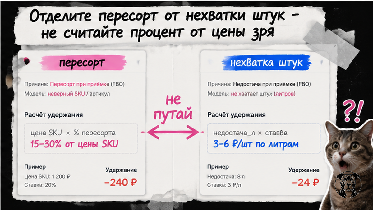 Сравнение: пересорт и нехватка — разные формулы удержаний Ozon