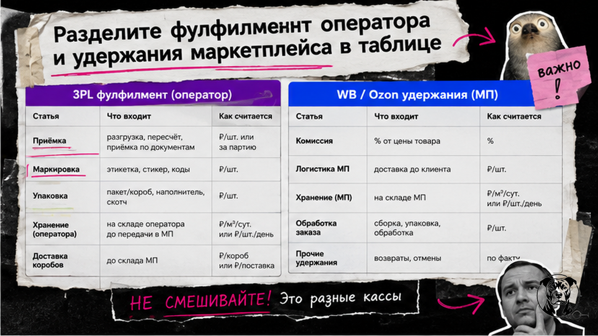 Таблица: фулфилмент оператора отдельно от удержаний маркетплейса