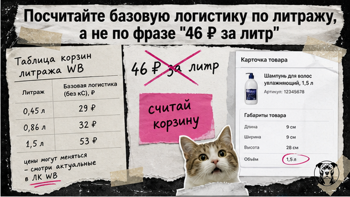 Таблица базовой логистики FBS по литражу: корзины WB вместо мифа 46 ₽ за литр
